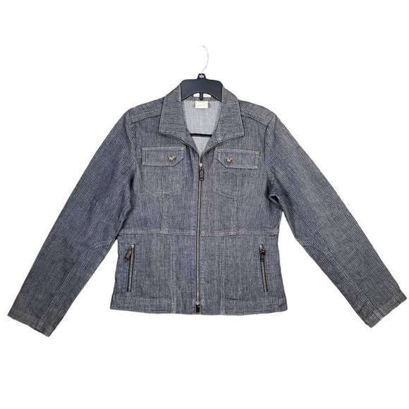 FDJ French Dressing Denim Pin Striped Zipper Front Closure Moto Jacket Size M - Picture 1 of 9